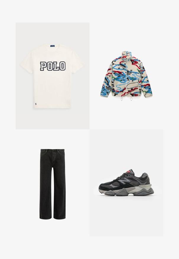 Fleecejacka i en krämfärgad bas med flerfärgade kartliknande mönster i rött, svart, blått och grönt; har en hög krage och dragkedja.; Grå långärmad tröja i fluffigt material med rund halsringning och kort passform. Slät yta med ett mjukt och lätt utseende.; Vit bomulls t-shirt med "POLO" i stora marinblå bokstäver över bröstet, med en liten marinblå logotyp på fållen. Klassisk design med rund hals.; Svarta denimbyxor med vida ben och hög midja, med klassisk femficksdesign och subtil blekning för en texturerad look.; Svarta och grå sneakers med en kombination av mocka och mesh-material, tjock sula, framträdande logotyp och röd accent på tungan.