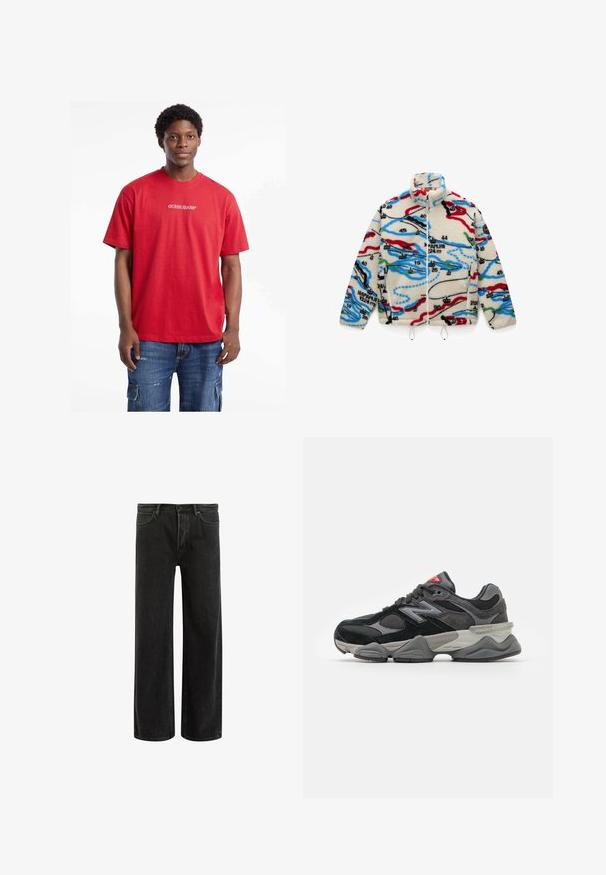 Vilnonis švarkas su grietinėlės spalvos pagrindu ir daugiaspalvėmis žemėlapiui panašiomis raštais raudonos, juodos, mėlynos ir žalios spalvų; turi aukštą apykaklę ir užtrauktuką.; Pilkas, ilgomis rankovėmis megztinis, pagamintas iš pūkuoto audinio, su apvalia iškirpte ir trumpu kirpimu. Lygus paviršius su švelnia, lengva išvaizda.; Raudona medvilninė marškinė su trumpomis rankovėmis ir apvaliu iškirpimu, priekyje su balta "GUESS JEANS" logotipu, derinamos su džinsiniais kargo šortais.; Juodi džinsai plačiomis kojomis su aukštu liemeniu, su klasikinio penkių kišenių dizainu ir švelniu prasiskverbimu dėl tekstūruotos išvaizdos.; Juodos ir pilkos sportbačiai su zomšos ir tinklelio medžiagų mišiniu, storu padu, išsiskiriančiu logotipu ir raudona akcentu ant liežuvėlio.