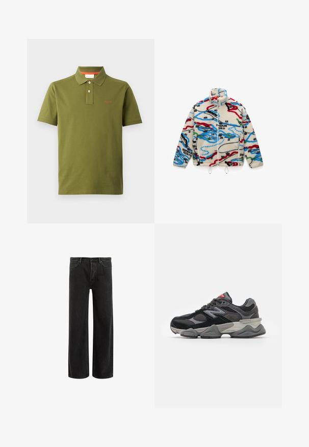Fleecejacke mit einer cremefarbenen Basis und mehrfarbigen, kartografischen Mustern in Rot, Schwarz, Blau und Grün; hat einen hohen Kragen und einen Reißverschluss.; Grauer, langärmeliger Pullover aus flauschigem Material mit Rundhalsausschnitt und cropped Fit. Glatte Textur mit einem weichen, leichten Erscheinungsbild.; Olivgrünes Poloshirt aus Baumwolle mit einem Drei-Knopf-Verschluss, kurzen Ärmeln und einem gestickten roten Logo auf der Brust.; Schwarze, weit geschnittene Jeans aus Denim mit hoher Taille, im klassischen Fünf-Taschen-Design und subtilem Verblassen für eine strukturierte Optik.; Schwarzer und grauer Sneaker mit einer Kombination aus Wildleder und Mesh-Materialien, dicker Sohle, ausgeprägtem Logo und roten Akzenten an der Zunge.