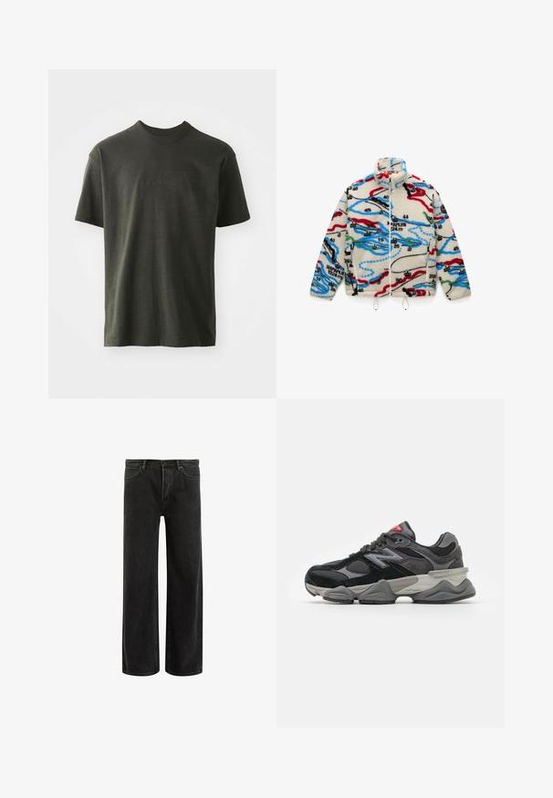 Fleece bunda s krémovým podkladem a vícbarevnými mapovými vzory v červené, černé, modré a zelené; má vysoký límec a zapínání na zip.; Šedý svetr s dlouhým rukávem vyrobený z nadýchaného materiálu s kulatým výstřihem a zkráceným střihem. Hladký povrch s jemným, lehkým vzhledem.; Tmavě zelené tričko vyrobené z měkké tkaniny, s kulatým výstřihem a krátkými rukávy. Vyšívané logo "nike" v mírně tmavší zelené barvě.; Černé džíny s širšími nohavicemi a vysokým pasem, s klasickým designem pěti kapes a jemným vyblednutím pro texturovaný vzhled.; Černé a šedé sneakersy se směsí semišových a síťovaných materiálů, silnou podrážkou, výrazným logem a červeným akcentem na jazyku.