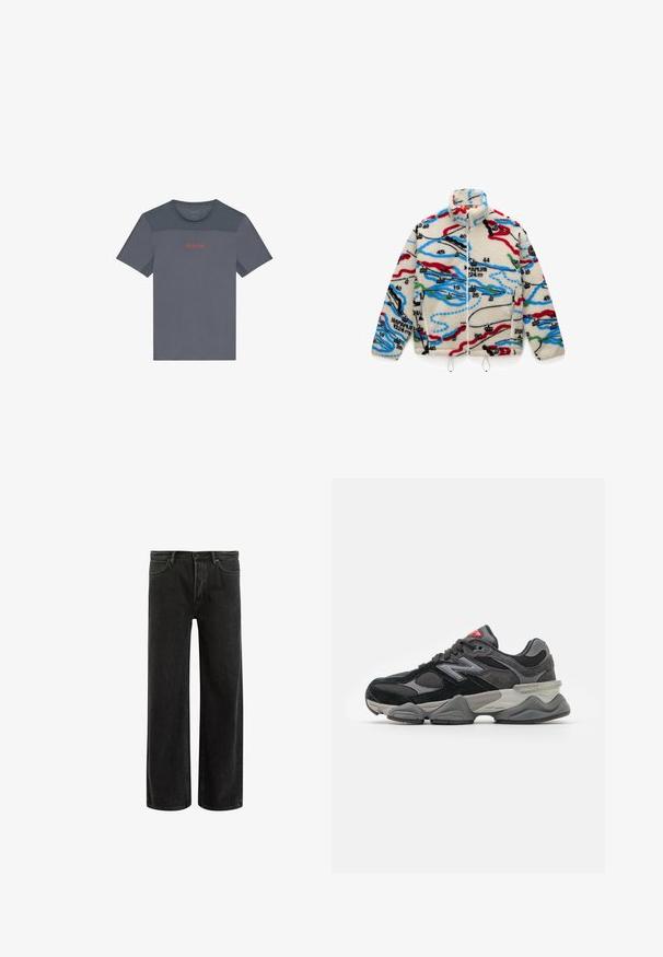 Fliisjakker, millel on kreemjas alus ja mitmevärvilised kaardilaadsed mustrid punases, mustas, sinises ja rohelises; kõrge krae ja tõmblukk.; Hall harmaast pika varrukaga sviiter, mis on valmistatud pehmest materjalist, ümarate kaelustega ja lühikese sobivusega. Sile tekstuur, pehme ja kerge välimus.; Hallikas sportlik t-särk, millel on võrkmaterjalist detailid, ümmargune kaelus, lühikesed varrukad ja kontrastse punase "Calvin Klein" logo rindade peal.; Mustadest denimist laiad püksid kõrge vöökoht, klassikalise viie taskuga disain ja õrn pleekinud välimus tekstuurilise ilme saavutamiseks.; Must muste ja hall tossud, mis on tehtud segu sametist ja võrkmaterjalist, pakse vahetallaga, silmapaistva logoga ja punase aktsendiga keelel.