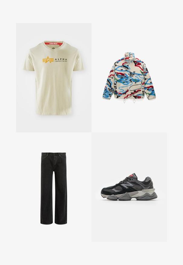 Casaco de fleece com base creme e padrões multicoloridos semelhantes a um mapa em vermelho, preto, azul e verde; possui um colarinho alto e fecho de zíper.; Suéter cinza de mangas longas feito de material felpudo, com decote redondo e corte cropped. Textura suave com uma aparência leve e macia.; T-shirt de algodão bege com mangas curtas, apresentando um logo e detalhes de design em preto e laranja "ALPHA INDUSTRIES" no peito.; Calças largas em denim preto com cintura alta, apresentando um design clássico de cinco bolsos e um desbotamento subtil para uma aparência texturizada.; Sapatilha preta e cinza com uma mistura de materiais em camurça e malha, sola grossa, logótipo proeminente e detalhe vermelho na língua.