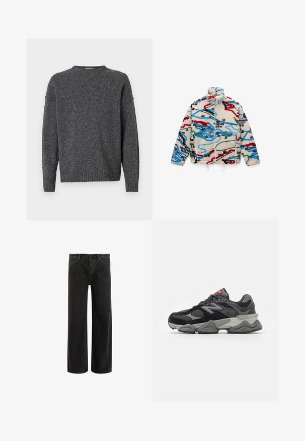 Jachetă din fleece cu bază crem și modele colorate asemănătoare hărților în roșu, negru, albastru și verde; are guler înalt și închidere cu fermoar.; Pulover tricotat de culoare gri închis, cu model stipulat, cu mâneci lungi, decolteu tip crew și manșete și tiv cu nervuri, expus pe un fundal alb.; Tricou din bumbac verde, cu mâneci scurte, guler rotund cu încadrare rib și logo-ul Nike brodat pe piept. Textură netedă și croială lejeră.; Blugi negri din denim cu picioare largi și talie înaltă, având un design clasic cu cinci buzunare și ușoară decolorare pentru un aspect texturat.; Adidași negri și gri cu un amestec de material din suede și plasă, talpă groasă, logo proeminent și accente roșii pe limbă.