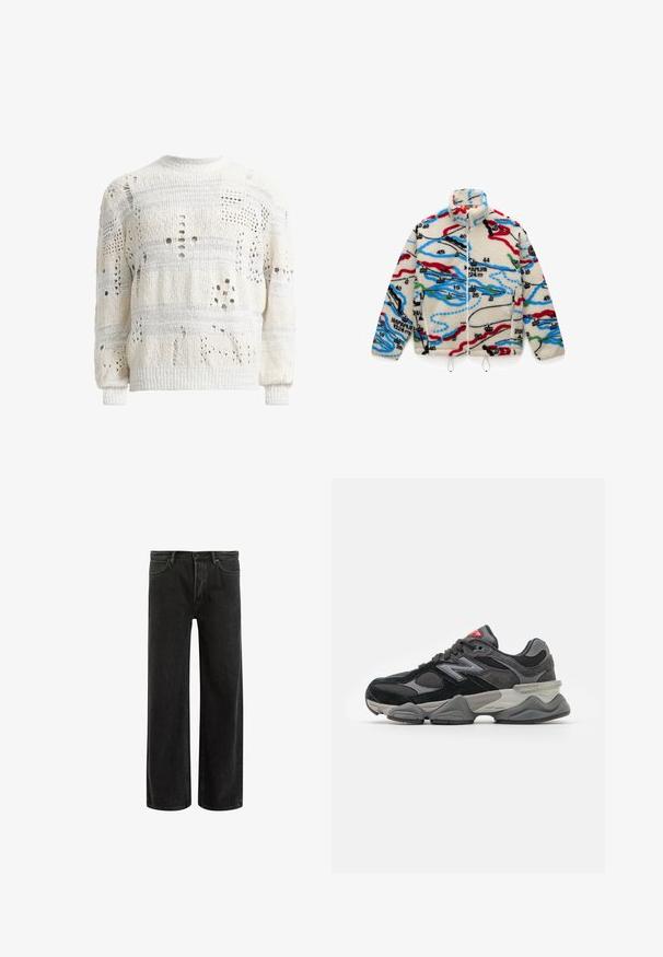 Flísová bunda s krémovým základom a viacfarebnými mapovými vzormi v červenej, čiernej, modrej a zelenej; má vysoký golier a zips.; Biely pletený sveter s rôznymi výrezmi, ktorý má textúrovaný povrch a rebrované manžety. Dizajn s okrúhlym výstrihom a mierne oversized strih.; Zelené bavlnené tričko s krátkymi rukávmi, rebrovaným okrúhlym výstrihom a vyšitým logom Nike na hrudníku. Hladká textúra a voľný strih.; Čierne džínsy s širokými nohavicami a vysokým pásom, so classic piatimi vreckami a jemným vyblednutím pre textúrovaný vzhľad.; Čierne a šedé tenisky s kombináciou semišu a sieťoviny, hrubou podrážkou, výrazným logom a červeným akcentom na jazyku.