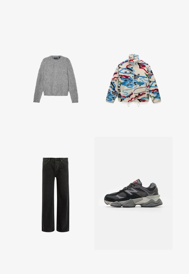 Béléses dzseki, krémszínű alappal, amelyet piros, fekete, kék és zöld színű, térképszerű minták díszítenek; magas gallérral és cipzáras záródással rendelkezik.; Szürke, hosszú ujjú pulóver bolyhos anyagból, kerek nyakkivágással és rövid fazonnal. Simaságával lágy, könnyű megjelenést kölcsönöz.; Zöld pamut póló rövid ujjakkal, bordás kerek nyakkivágással és hímzett Nike logóval a mellkasán. Simá szövet és laza fazon.; Fekete farmerszövet, bő szárú nadrág magas derékkal, klasszikus ötpocket kivitelben, és finom kopással a texturált megjelenés érdekében.; Fekete és szürke sportcipő, amely velúr és hálós anyagok keverékéből készült, vastag talppal, hangsúlyos logóval és piros akcentussal a nyelvén.