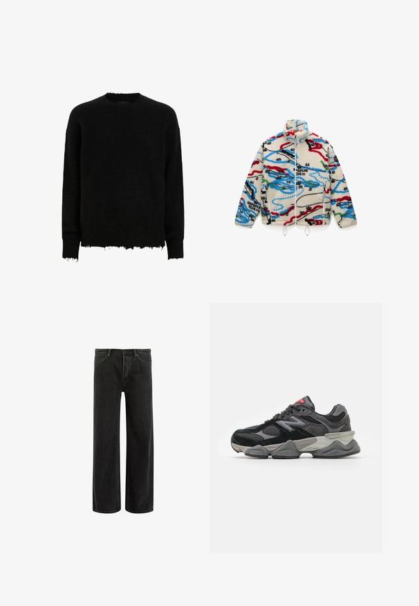 Φλις τζάκετ με κρεμ φόντο και πολυχρωμα patterns που μοιάζουν με χάρτη σε κόκκινο, μαύρο, μπλε και πράσινο χρώμα; διαθέτει ψηλό γιακά και φερμουάρ.; Μαύρος μακρυμάνικος πουλόβερ με στρογγυλή λαιμόκοψη και φθαρμένα άκρα στα μανίκια και το στρίφωμα, κατασκευασμένο από μαλακό πλεκτό ύφασμα.; Πράσινο βαμβακερό μπλουζάκι κοντής μανικίτσας, με ριμπέχολο λαιμό και κεντητό λογότυπο Nike στο στήθος. Απαλή υφή και άνετη εφαρμογή.; Μαύρα τζιν παντελόνια σε φαρδιά γραμμή με ψηλή μέση, διαθέτοντας κλασικό σχέδιο πέντε τσεπών και διακριτική φθορά για μια υφή που ξεχωρίζει.; Μαύρο και γκρι αθλητικό παπούτσι με συνδυασμό σουέτ και mesh υλικών, παχύ πάτο, εξέχον λογότυπο και κόκκινη λεπτομέρεια στη γλώσσα.