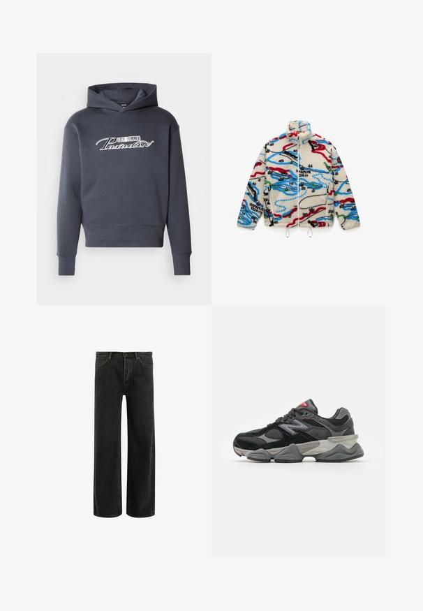 Chaqueta de forro polar con base crema y patrones multicolores similares a un mapa en rojo, negro, azul y verde; tiene un cuello alto y cierre de cremallera.; Sudadera con capucha en gris oscuro, con texto en blanco "CITY SUMMER Paradise" en la parte frontal. Tejido suave, puños y dobladillo acanalados.; Camiseta de algodón verde con mangas cortas, cuello redondo acanalado y logotipo bordado de Nike en el pecho. Textura suave y corte relajado.; Jeans de mezclilla negra de pierna ancha con cintura alta, que presentan un diseño clásico de cinco bolsillos y un sutil desvanecimiento para una apariencia texturizada.; Zapatilla negra y gris con una mezcla de materiales de ante y malla, suela gruesa, logotipo prominente y acento rojo en la lengüeta.