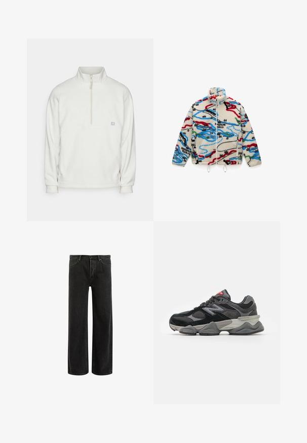 Giacca in pile con una base crema e motivi multicolori simili a una mappa in rosso, nero, blu e verde; presenta un colletto alto e chiusura con zip.; Pullover bianco in pile con colletto a mezza zip. Dotato di una pannello rettangolare sul petto e un piccolo logo sul lato sinistro. Tessuto morbido.; T-shirt in cotone verde con maniche corte, colletto a girocollo rib ribattuto e logo Nike ricamato sul petto. Tessuto liscio e vestibilità rilassata.; Jeans wide-leg in denim nero con vita alta, caratterizzati da un classico design a cinque tasche e da un leggero sbiadimento per un aspetto testurizzato.; Sneaker nera e grigia con un mix di materiali in suede e mesh, suola spessa, logo prominente e accento rosso sulla linguetta.