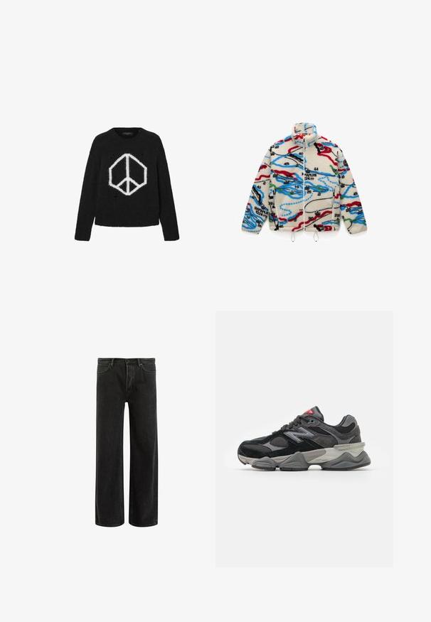 Veste polaire avec une base crème ornée de motifs multicolores ressemblant à une carte en rouge, noir, bleu et vert ; elle possède un col montant et une fermeture zippée.; Pull en tricot noir avec un motif de signe de paix blanc, col rond, manches longues et détails usés sur le tissu.; Jean en denim noir à jambes larges avec taille haute, présentant un design classique à cinq poches et un léger délavage pour un aspect texturé.; Baskets noires et grises avec un mélange de matériaux en daim et en maille, semelle épaisse, logo proéminent et accent rouge sur la languette.