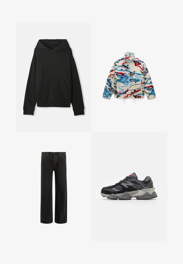 Fleece bunda s krémovým podkladem a vícbarevnými mapovými vzory v červené, černé, modré a zelené; má vysoký límec a zapínání na zip.; Černá mikina s kapucí, která má přední klokankovou kapsu. Vyrobena z měkké tkaniny s žebrovanými manžetami a lemem, nabízí pohodlný volný střih.; Zelené bavlněné tričko s krátkými rukávy, vroubkovaným kulatým výstřihem a vyšitým logem Nike na hrudi. Hladká textura a volný střih.; Černé džíny s širšími nohavicemi a vysokým pasem, s klasickým designem pěti kapes a jemným vyblednutím pro texturovaný vzhled.; Černé a šedé sneakersy se směsí semišových a síťovaných materiálů, silnou podrážkou, výrazným logem a červeným akcentem na jazyku.