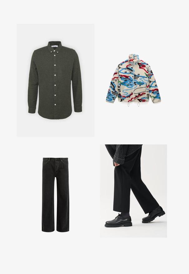 Jachetă din fleece cu bază crem și modele colorate asemănătoare hărților în roșu, negru, albastru și verde; are guler înalt și închidere cu fermoar.; Cămașă butonată de culoare verde închis, cu guler, mâneci lungi și butoane albe. Material moale, texturat, cu un tiv ușor curbat.; Blugi negri din denim cu picioare largi și talie înaltă, având un design clasic cu cinci buzunare și ușoară decolorare pentru un aspect texturat.; Pantofi din piele neagră cu vârf rotunjit, design cu şireturi şi o talpă groasă, texturată. Purtați cu pantaloni negri bine croiți și un pulover cu ripuri.