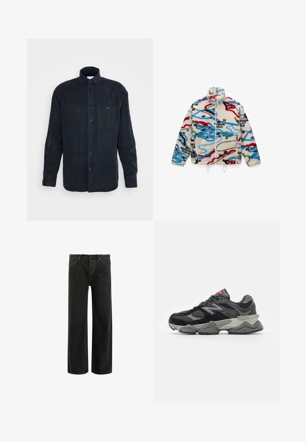 Giacca in pile con una base crema e motivi multicolori simili a una mappa in rosso, nero, blu e verde; presenta un colletto alto e chiusura con zip.; Camicia blu scuro a maniche lunghe con bottoni, realizzata in morbido cotone, caratterizzata da una tasca sul petto e un design con colletto classico.; T-shirt in cotone verde con maniche corte, colletto a girocollo rib ribattuto e logo Nike ricamato sul petto. Tessuto liscio e vestibilità rilassata.; Jeans wide-leg in denim nero con vita alta, caratterizzati da un classico design a cinque tasche e da un leggero sbiadimento per un aspetto testurizzato.; Sneaker nera e grigia con un mix di materiali in suede e mesh, suola spessa, logo prominente e accento rosso sulla linguetta.