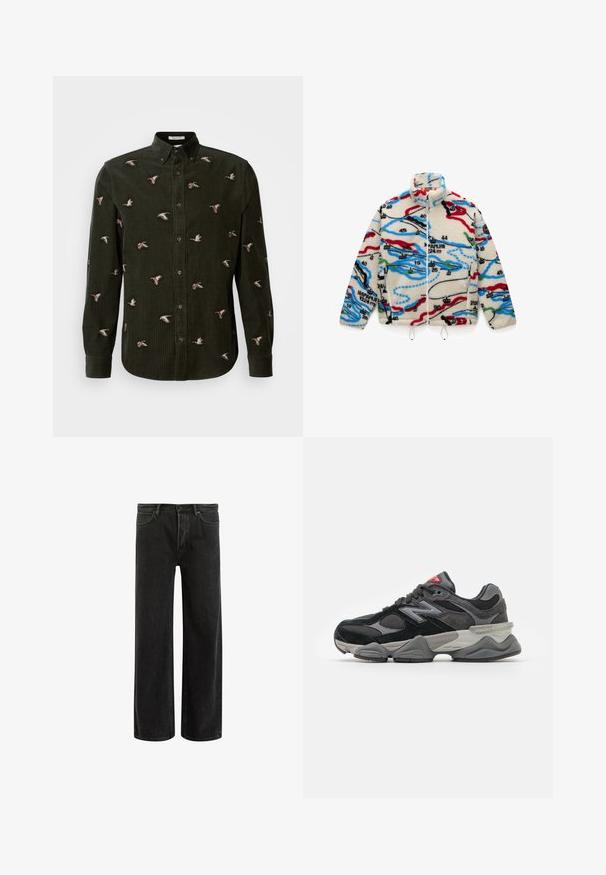 Fleece bunda s krémovým podkladem a vícbarevnými mapovými vzory v červené, černé, modré a zelené; má vysoký límec a zapínání na zip.; Tmavě zelená kordová košile s vyšitými kačenami v různých pozicích. Košile má límec na knoflíky a dlouhé rukávy s knoflíkovými manžetami.; Černé džíny s širšími nohavicemi a vysokým pasem, s klasickým designem pěti kapes a jemným vyblednutím pro texturovaný vzhled.; Černé a šedé sneakersy se směsí semišových a síťovaných materiálů, silnou podrážkou, výrazným logem a červeným akcentem na jazyku.
