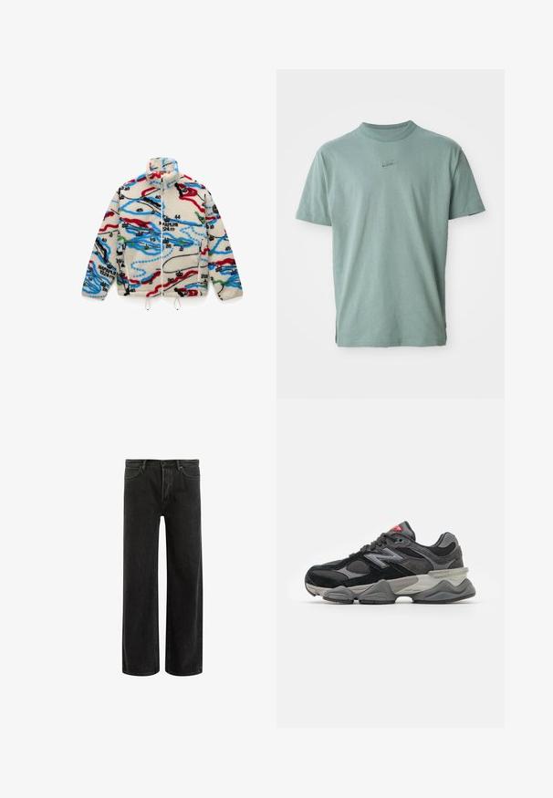 Fleece jakna koja ima kremastu podlogu s višebojnim uzorkom nalik karti u crvenoj, crnoj, plavoj i zelenoj boji; ima visoki ovratnik i zatvaranje na zip.; Zelena pamučna majica s kratkim rukavima, rebrastim okruglim izrezom i izvezenim Nike logom na prsima. Glatka tekstura i opušten kroj.; Crne traperice s širokim nogavicama i visokim strukom, s klasičnim dizajnom pet džepova i suptilnim izbljeđenjem za teksturirani izgled.; Crne i sive tenisice s kombinacijom antilopa i mrežastih materijala, debelim đonom, istaknutim logotipom i crvenim naglaskom na jeziku.