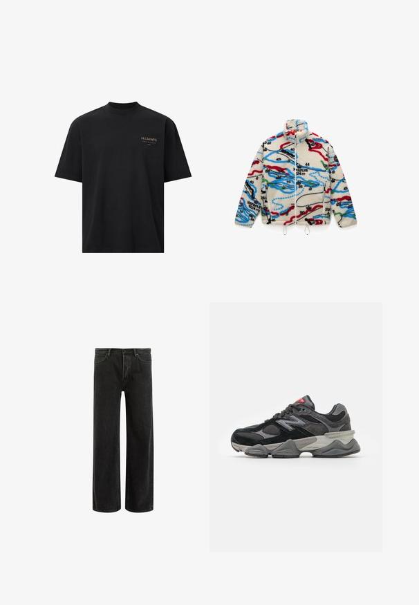 Casaco de fleece com base creme e padrões multicoloridos semelhantes a um mapa em vermelho, preto, azul e verde; possui um colarinho alto e fecho de zíper.; T-shirt de algodão preta com gola redonda, mangas curtas e um pequeno logotipo dourado "ALLSAINTS" no lado esquerdo do peito. Textura lisa, design casual.; Calças largas em denim preto com cintura alta, apresentando um design clássico de cinco bolsos e um desbotamento subtil para uma aparência texturizada.; Sapatilha preta e cinza com uma mistura de materiais em camurça e malha, sola grossa, logótipo proeminente e detalhe vermelho na língua.