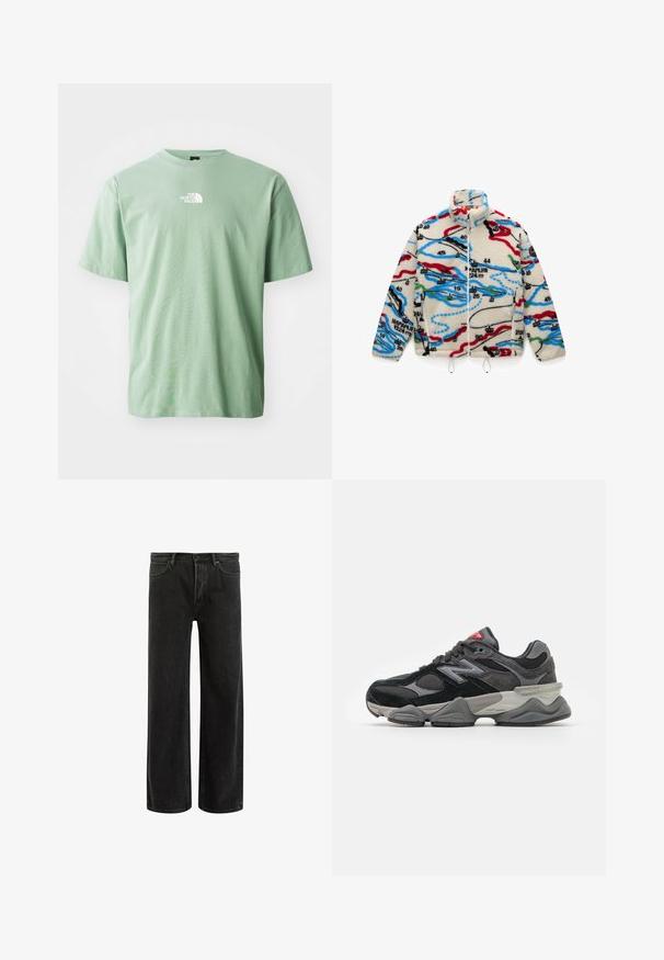 Fleecejacka i en krämfärgad bas med flerfärgade kartliknande mönster i rött, svart, blått och grönt; har en hög krage och dragkedja.; Ljusgrön bomulls-t-shirt med korta ärmar, rund halsringning och en liten vit logotyp på bröstet. Mjuk textur, avslappnad passform.; Svarta denimbyxor med vida ben och hög midja, med klassisk femficksdesign och subtil blekning för en texturerad look.; Svarta och grå sneakers med en kombination av mocka och mesh-material, tjock sula, framträdande logotyp och röd accent på tungan.