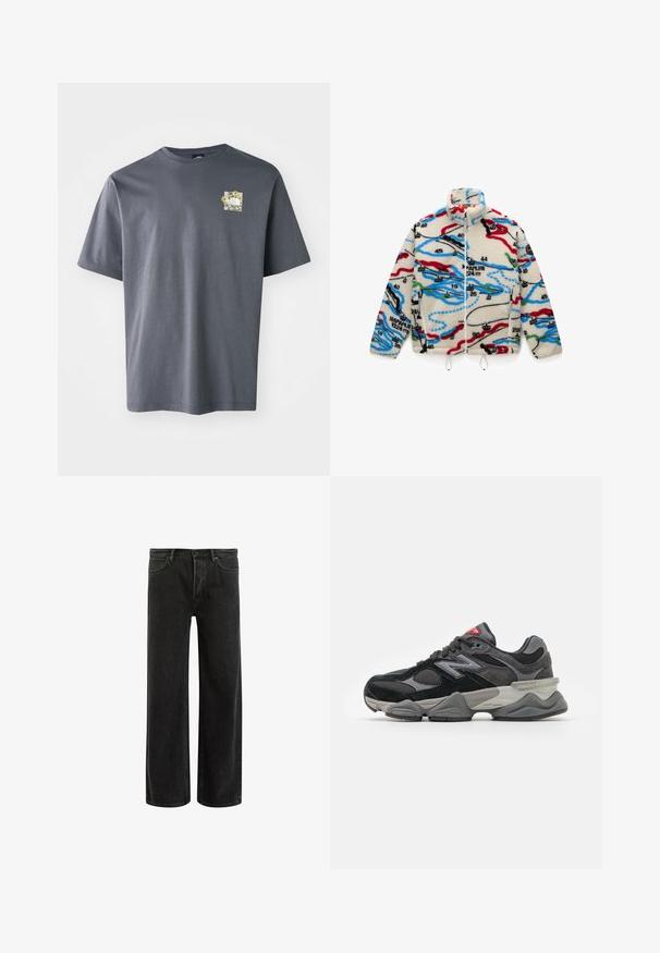 Fliisjakker, millel on kreemjas alus ja mitmevärvilised kaardilaadsed mustrid punases, mustas, sinises ja rohelises; kõrge krae ja tõmblukk.; Hallide lühikale vihik tee, mis on valmistatud puuvillast, väikese lillemustriga rinnal. Ümmargune kaelus, pehme tekstuur ja mugav lõige.; Mustadest denimist laiad püksid kõrge vöökoht, klassikalise viie taskuga disain ja õrn pleekinud välimus tekstuurilise ilme saavutamiseks.; Must muste ja hall tossud, mis on tehtud segu sametist ja võrkmaterjalist, pakse vahetallaga, silmapaistva logoga ja punase aktsendiga keelel.