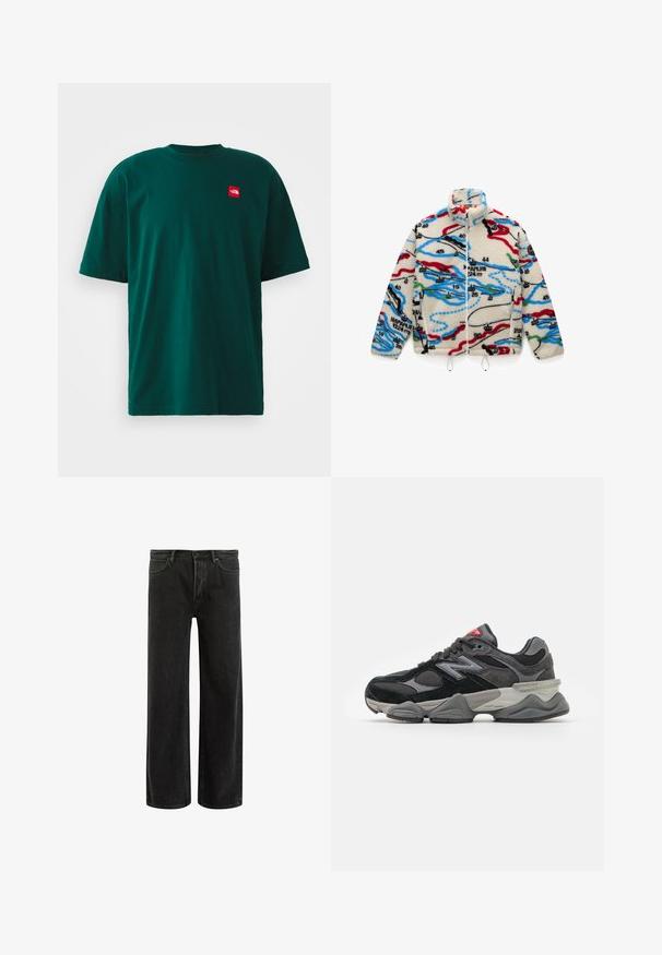 Ulljakke med en kremfarget bakgrunn og flerfargede kartlignende mønstre i rød, svart, blå og grønn; har høy krage og glidelås.; Mørkegrønn kortermet T-skjorte laget av bomull. Rund hals med en liten rød logo-patch på venstre bryst. Glatt tekstur. Uformell design.; Svarte denim vide bukser med høyt liv, med klassisk fem-lomme design og subtil bleking for en teksturert utseende.; Svarte og grå joggesko med en blanding av semsket skinn og mesh-materialer, tykk såle, fremtredende logo, og rød detalj på tungen.
