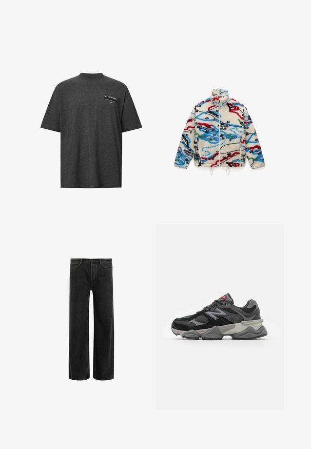 Casaco de fleece com base creme e padrões multicoloridos semelhantes a um mapa em vermelho, preto, azul e verde; possui um colarinho alto e fecho de zíper.; T-shirt oversized de cor cinza escuro, feita de um tecido suave, com decote redondo e uma impressão no peito da frente com texto e logótipo brancos.; Calças largas em denim preto com cintura alta, apresentando um design clássico de cinco bolsos e um desbotamento subtil para uma aparência texturizada.; Sapatilha preta e cinza com uma mistura de materiais em camurça e malha, sola grossa, logótipo proeminente e detalhe vermelho na língua.