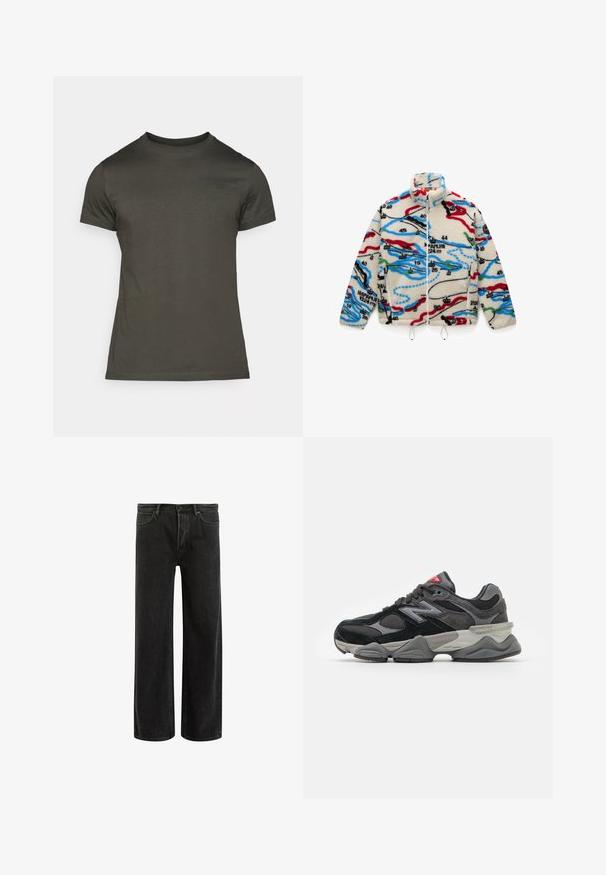 Fleecejack is van een crèmekleurige basis met meerkleurige kaartachtige patronen in rood, zwart, blauw en groen; heeft een hoge kraag en ritssluiting.; Donkergroene t-shirt, korte mouwen, ronde hals, gemaakt van zachte katoen met een subtiel logo op de voorkant. Soepele textuur, casual pasvorm.; Zwarte denims met wijde benen en een hoge taille, met een klassiek vijf zakken ontwerp en subtiele vervaging voor een textuur uitstraling.; Zwarte en grijze sneaker met een mix van suede en mesh materialen, dikke zool, opvallend logo en een rode accent op de tong.