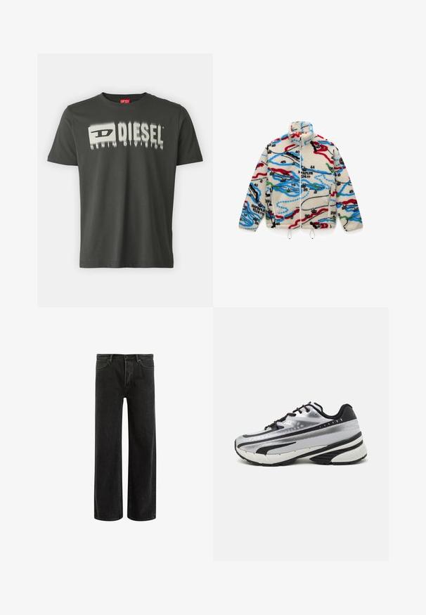 Fleecepusero, jossa on kerma-äntä pohja ja monivärisiä kartan kaltaisia kuvioita punaisena, mustana, sinisenä ja vihreänä; siinä on korkea kaulus ja vetoketjukiinnitys.; Tummanharmaa puuvillapaita, jossa on valkoinen graafinen teksti "DIESEL" sumealla vaikutuksella. Pyöreä kaulus, lyhyet hihat ja normaali istuvuus.; Mustat farkut leveällä lahkeella ja korkealla vyötäröllä, joissa on klassinen viisi taskua -design ja hienovarainen haalistuminen tekstuurin luomiseksi.; Juoksukengät, joissa on hopeanvärinen verkkopäällinen, mustat yksityiskohdat ja valkoinen pohja. Varustettu tekstuurilla ja mustilla nauhoilla. Kevyet ja pehmustetut.