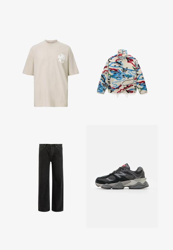 Chaqueta de forro polar con base crema y patrones multicolores similares a un mapa en rojo, negro, azul y verde; tiene un cuello alto y cierre de cremallera.; Camiseta beige de gran tamaño con mangas cortas y un logo de texto abstracto blanco en el área del pecho izquierdo.; Jeans de mezclilla negra de pierna ancha con cintura alta, que presentan un diseño clásico de cinco bolsillos y un sutil desvanecimiento para una apariencia texturizada.; Zapatilla negra y gris con una mezcla de materiales de ante y malla, suela gruesa, logotipo prominente y acento rojo en la lengüeta.
