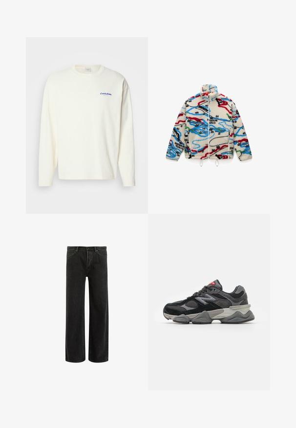Fleecejacke mit einer cremefarbenen Basis und mehrfarbigen, kartografischen Mustern in Rot, Schwarz, Blau und Grün; hat einen hohen Kragen und einen Reißverschluss.; Langärmliges, cremefarbenes T-Shirt aus Baumwolle mit rundem Halsausschnitt und kleinem blauen Calvin Klein-Logo auf der linken Brust. Weiche Textur.; Schwarze, weit geschnittene Jeans aus Denim mit hoher Taille, im klassischen Fünf-Taschen-Design und subtilem Verblassen für eine strukturierte Optik.; Schwarzer und grauer Sneaker mit einer Kombination aus Wildleder und Mesh-Materialien, dicker Sohle, ausgeprägtem Logo und roten Akzenten an der Zunge.