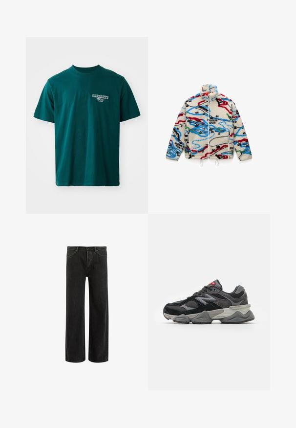 Fleece jacket featuring a cream base with multicolored map-like patterns in red, black, blue, and green; has a high collar and zip closure.; Teal cotton t-shirt featuring short sleeves and a crew neck. Includes white "Carhartt WIP" logo on the left chest. Simple design, straight cut.; Black denim wide-leg jeans with a high waist, featuring classic five-pocket design, and subtle fading for a textured appearance.; Black and gray sneaker with a mix of suede and mesh materials, thick sole, prominent logo, and red accent on the tongue.