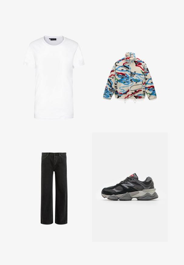 Fleece jacket featuring a cream base with multicolored map-like patterns in red, black, blue, and green; has a high collar and zip closure.; White cotton t-shirt, short sleeves, round neckline, plain design, soft texture, straight cut, standard fit, no visible patterns or accents.; Black denim wide-leg jeans with a high waist, featuring classic five-pocket design, and subtle fading for a textured appearance.; Black and gray sneaker with a mix of suede and mesh materials, thick sole, prominent logo, and red accent on the tongue.