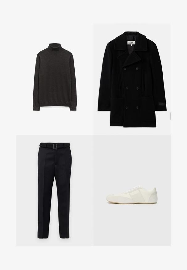 Cappotto doppio petto nero in lana, con ampio colletto, due tasche frontali e sottili accenti verticali sui lati.; Maglione dolcevita grigio scuro, realizzato in un morbido tessuto a maglia, con maniche lunghe e una silhouette aderente senza loghi visibili.; I pantaloni neri su misura presentano un tessuto liscio, una linea dritta e una vita con cintura dotata di una fibbia rettangolare. Le pieghe frontali notevoli arricchiscono il design.; Scarpa sportiva bianca dal design elegante, con punta in suede, pannelli in pelle e accenti testurizzati a contrasto. Suola piatta in gomma.