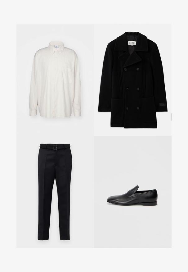 Black double-breasted coat made of wool, featuring a wide collar, two front pockets, and subtle vertical accents on the sides.; Light beige button-up shirt made of cotton, featuring a classic collar, long sleeves, and a single chest pocket. Smooth texture.; Black tailored trousers feature a smooth fabric, straight cut, and a belted waist with a rectangular buckle. Notable front creases enhance the design.; Black leather slip-on shoe with a pointed toe, smooth texture, and subtle branding on the side. Low heel with a clean, minimal design.