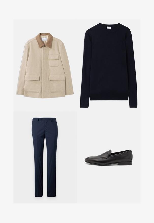 Giacca in misto lana beige con colletto a contrasto marrone, dotata di due tasche frontali e chiusura a bottoni. Design pulito e minimalista.; Maglione girocollo blu navy realizzato in morbido tessuto, con maniche lunghe e dettagli a coste sul colletto e sull'orlo. Design pulito e minimalista.; Pantaloni da abito navy in taglio dritto, con una texture morbida, chiusura con un solo bottone e passanti per cintura per un fit su misura.; Mocassino da uomo in pelle nera con tacco basso e design classico a striscia, mostrato in profilo laterale su sfondo bianco.