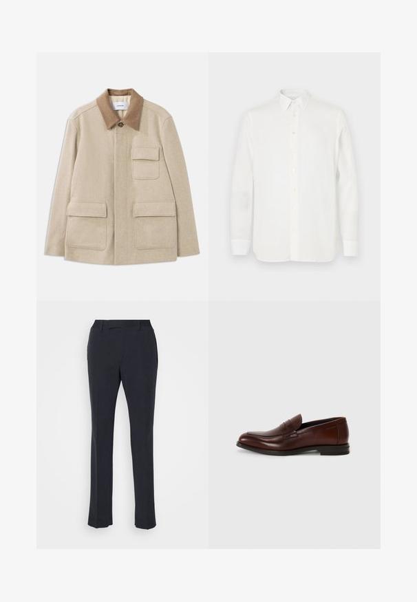 Veste en mélange de laine beige avec un col contrastant marron, comportant deux poches avant et une fermeture à boutons. Design épuré et minimaliste.; Chemise blanche à manches longues en tissu léger, avec un col classique, une fermeture à boutons et un ourlet droit. Texture lisse.; Pantalons bleu marine en tissu lisse, avec une coupe droite, des poches avant et une taille plate sans fermetures visibles.; Mocassins en cuir marron avec un bout rond, détail de bande à l'avant et un petit talon empilé. Texture lisse avec des accents décoratifs minimaux.