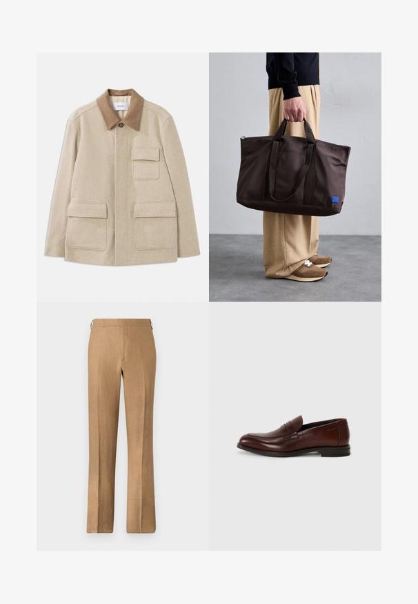 Bežová vlnená bunda s hnedým kontrastným golierom, ktorý má dve predné vrecká a zapínanie na gombík. Čistý, minimalistický dizajn.; Biela košeľa s dlhým rukávom vyrobená z ľahkej látky, s klasickým stojacím golierom, zapínaním na gombíky a rovný strih spodnej časti. Hladká textúra.; Hnedé ľanové nohavice so strihom rovného nohu, s hladkou textúrou, skrytým pásom a bez viditeľných vreciek.; Hnedé kožené mokasíny s okrúhlou špičkou, prednou prackou a nízkym klinovým podpätkom. Hladký povrch s minimálnymi dekoratívnymi akcentmi.; Hnedá nylonová taška cez rameno s dvoma rúčkami, so zipsom a modrou nášivkou. Hladká textúra, štruktúrovaný dizajn, priestranný interiér.