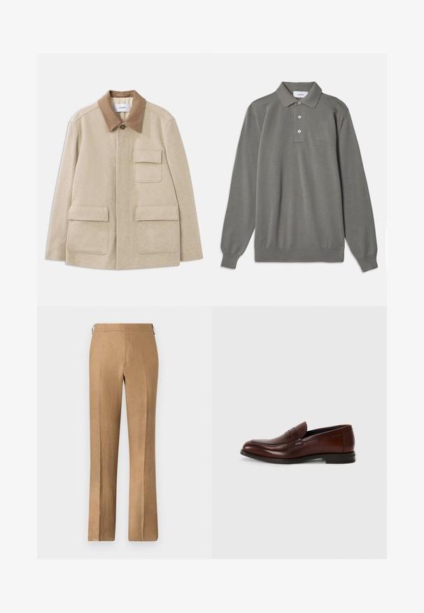 Beige gyapjú keverék dzseki barna kontrasztos gallérral, két elülső zsebbel és gombos záródással. Tiszta, minimalista dizájn.; Szürke hosszú ujjú pólóing strukturált anyagból, klasszikus gallérral, háromgombos gombolással és bordázott mandzsettákkal.; Barna vászon nadrág, egyenes szárú szabással, sima textúrával, rejtett derékpánttal és látható zsebek nélkül.; Barna bőr loaferek lekerekített orral, elülső pánt részlettel és alacsony, stílusos sarokkal. Sima textúra minimális díszítéssel.