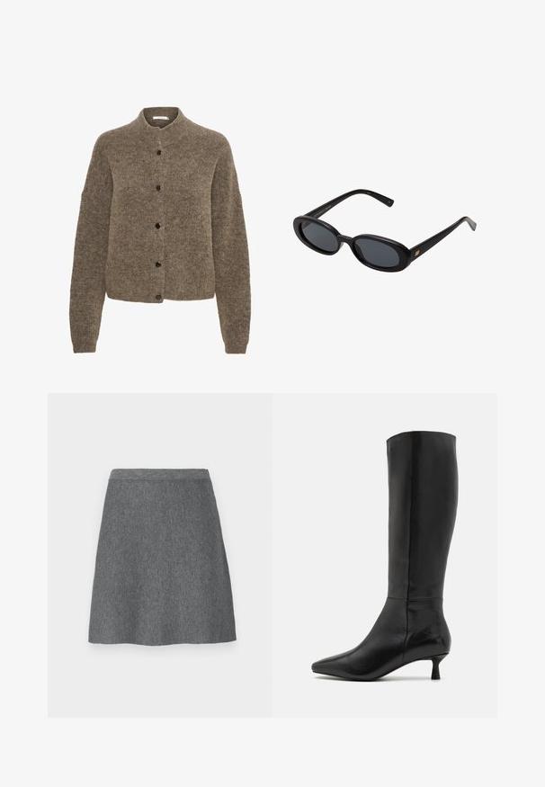 Černý blejzr s klopami, nošený přes bílou mikinu s grafickým potiskem červených třešní. Dokončeno černou baseballovou čepicí.; Hnědý svetr vyrobený z měkkého materiálu, který má kulatý výstřih, dlouhé rukávy a černé knoflíky po celé přední části.; Bílý bezramínkový top s kulatým výstřihem, vyrobený z žebrovaného materiálu; jednoduchý design bez vzorů nebo ozdob.; Šedá vlněná sukně s přiléhavým pasem, ve tvaru písmena A a hladkou texturou. Nemá kapsy ani viditelné kovové detaily.; Zign Vysoká obuv - black; Černé oversized sluneční brýle s oválnými čočkami, hladkým plastovým rámem a zlatými akcenty na spáncích. Tmavé čočky poskytují ochranu před sluncem.