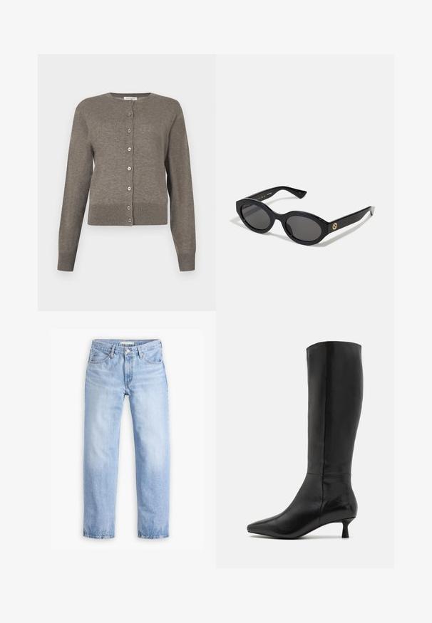 Črna blazer jakna z izrezom, nosi se preko belega grafičnega puloverja z rdečimi češpljami. Dokončano z črno bejzbol kapo.; Ženski sivi dolg rokav kardigan z okroglim vratom in celotnim zapenjanjem z gumbi spredaj.; Bela bombažna majica s kratkimi rokavi in okroglim izrezom. Ima sproščen kroj in minimalen dizajn brez vzorcev ali dodatkov.; Svijetloplave traperice s ravnim nogavicama, pet džepova i srednjim strukom. Imaju istrošen izgled i šivani rub.; Zign Škornji - black; Črne ovalne sončna očala s temnimi lečami in sijočim plastičnim okvirjem. Imajo zlat logo na robu, kar ponuja eleganten in sodoben oblikovalski pristop.