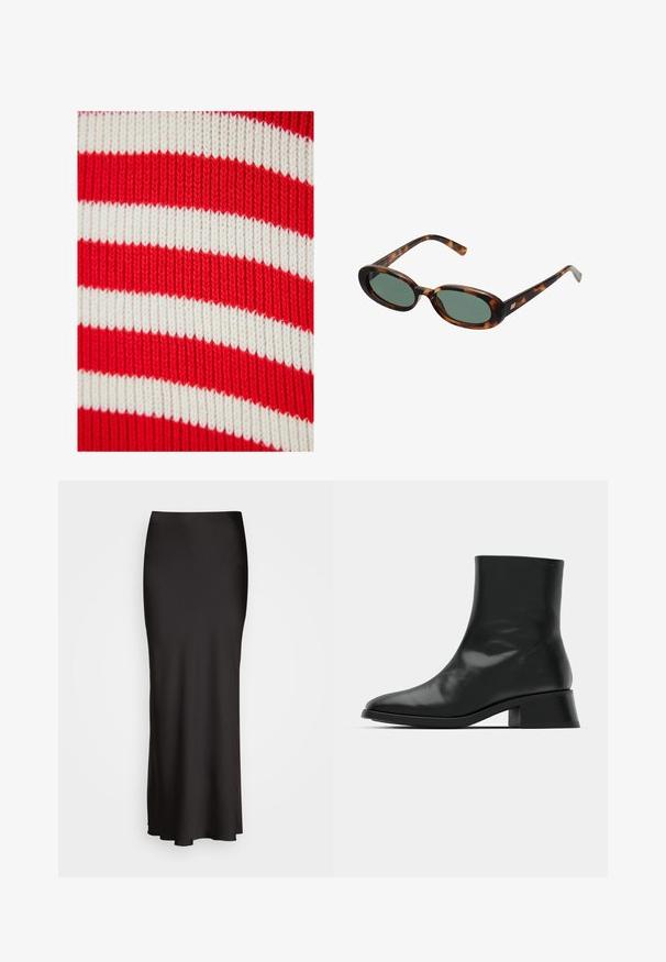 Czarny żakiet z klapami, noszony na białej bluzie z grafiką przedstawiającą czerwone wiśnie. Całość dopełniona czarną czapką z daszkiem.; Dziergany materiał w czerwone i białe paski, z szerokimi poziomymi pasami i ściągaczem. Równomierne rozmieszczenie kolorów w całym materiale.; Czarny ribbed top na ramiączkach z okrągłym dekoltem i haftowanym logo w białym kolorze. Materiał ma gładką teksturę i dopasowany krój.; Czarna, sięgająca podłogi satynowa spódnica o gładkiej fakturze, dopasowana w talii i w kształcie litery A, bez widocznych zdobień lub wzorów.; Czarne botki do kostek z błyszczącej skóry, o eleganckim designie, spiczastym nosku i umiarkowanym blokowym obcasie dla stabilności.; Okulary przeciwsłoneczne w kolorze tortoise z owalnymi oprawkami i zielonymi soczewkami. Posiadają cienkie zauszniki z metalowym akcentem przy zawiasach.