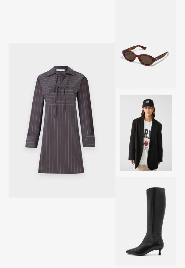 Černý blejzr s klopami, nošený přes bílou mikinu s grafickým potiskem červených třešní. Dokončeno černou baseballovou čepicí.; Šedé dlouhé šaty s bílými vertikálními pruhy, špičatým límcem, zavazováním u krku a rovnou siluetou. Hladká textura látky.; Zign Vysoká obuv - black; Kočičí sluneční brýle s kulatými rámy, tmavými skly a zlatým logem na stranách. Hladký plastový materiál, bez viditelných vzorů.
