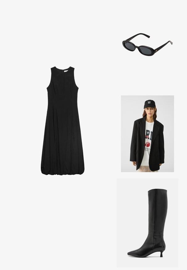 Schwarzes Blazer mit Revers, getragen über einem weißen Sweatshirt mit grafischem Aufdruck in Form roter Kirschen. Abgerundet mit einer schwarzen Baseballkappe.; Schwarzes ärmelloses Kleid mit einem taillierten Oberteil und einem ausgestellten, gerafften Rock. Der Stoff wirkt glatt mit subtiler Textur; Reißverschluss hinten.; Zign Stiefel - black; Schwarze, oversized Sonnenbrillen mit ovalen Gläsern, glattem Kunststoffrahmen und goldenen Akzenten an den Bügeln. Die dunklen Gläser bieten Sonnenschutz.; Brauner Wildleder-Handtasche mit einer strukturierten Dreiecksform, einem oberen Griff und einem Klappverschluss. Verfügt über ein dezentes Logodetail an der Seite.