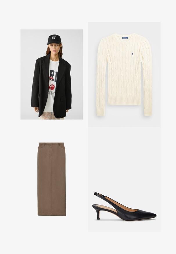 Čierny blazer s vyvýšenými klopami, nosený cez bielu mikinu s grafickým potlačou, na ktorej sú červené čerešne. Dokončené čiernym baseballovým šiltovkou.; Krémový sveter s pleteným vzorom, dlhé rukávy, rebrované manžety a spodný lem, s malým vyšitým logom na ľavej hrudi.; Mango Maxisukňa - light brown; Čierne kožené sandále na podpätku s špicatou špičkou, nízkym kitten podpätkom a hladkou textúrou. Má otvorený zadný dizajn a minimálne švy.