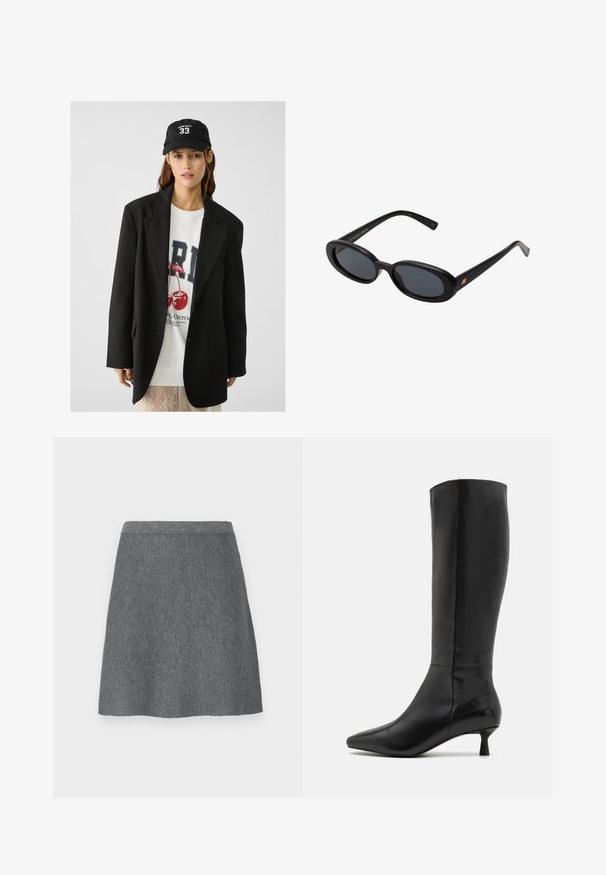 Czarny żakiet z klapami, noszony na białej bluzie z grafiką przedstawiającą czerwone wiśnie. Całość dopełniona czarną czapką z daszkiem.; Beżowy sweter wykonany na drutach z wysokim prążkowanym kołnierzem, opadającymi ramionami i prążkowanym dołem, charakteryzujący się miękką fakturą i luźnym krojem.; Szara wełniana spódnica z dopasowanym paskiem w talii, w kształcie litery A, o gładkiej fakturze. Bez kieszeni ani widocznych detali sprzętowych.; Zign - Kozaki; Czarne, oversize okulary przeciwsłoneczne z owalnymi soczewkami, gładkim plastikowym mostkiem i złotymi akcentami na zausznikach. Ciemne soczewki zapewniają ochronę przed słońcem.; Czarna skórzana torba na ramię o gładkiej fakturze, zaokrąglonym kształcie i jednej regulowanej rączce z złotym okuciem oraz markowym akcentem.