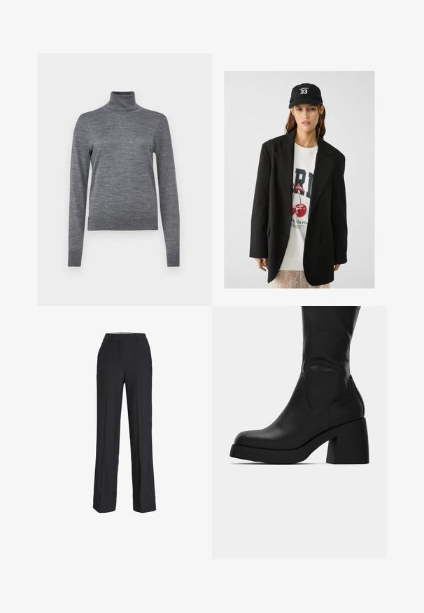 Schwarzes Blazer mit Revers, getragen über einem weißen Sweatshirt mit grafischem Aufdruck in Form roter Kirschen. Abgerundet mit einer schwarzen Baseballkappe.; GAP Strickpullover - charcoal heather; Schwarze, hochtaillierte Hose mit geradem Bein. Aus einem glatten Stoff gefertigt, mit vorderen Falten und Seitentaschen.; Schwarze Lederstiefelette bis zur Mitte der Wade mit kräftigem Blockabsatz und runder Zehenpartie, seitliche Ansicht auf weißem Hintergrund.