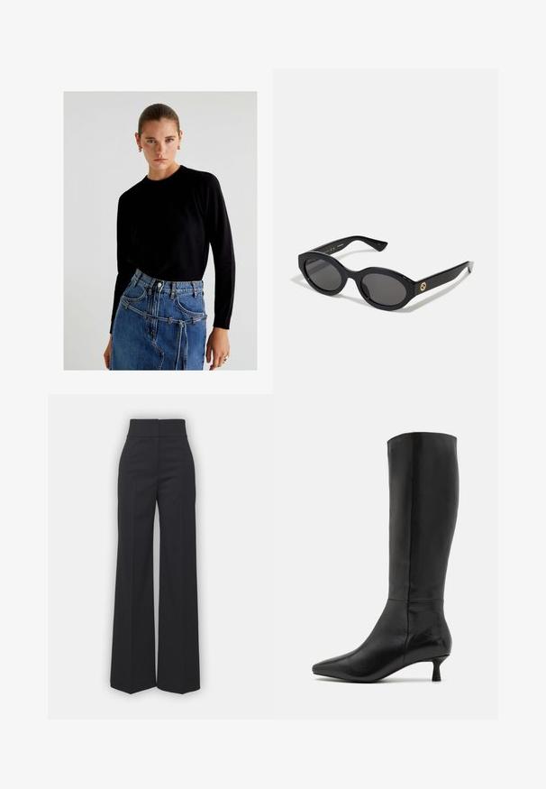 Sort blazer med spidse klapkraver, båret over en hvid grafik sweatshirt med røde kirsebær. Afsluttet med en sort baseballkasket.; Scalpers Striktrøje - black; Bredbenede bukser i sort stof med høj talje, der har en ren finish og glat tekstur. Ingen synlige detaljer eller mønstre.; Zign Høje støvler/ Støvler - black; Sorte ovale solbriller med mørke linser og blank plastramme. Har et guldlogo på stykket, hvilket giver et slankt og moderne design.; Kvinde iført sort læderjakke og beige bukser bærer en stor brun ruskinds skuldertaske.