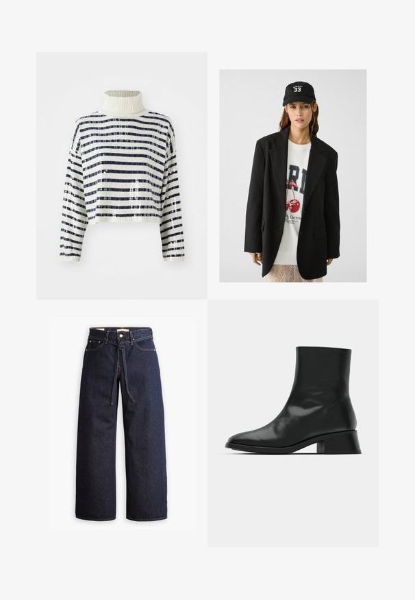 Sort blazer med spidse klapkraver, båret over en hvid grafik sweatshirt med røde kirsebær. Afsluttet med en sort baseballkasket.; Cropped sweater med høj krave, der har marineblå og hvide vandrette striber samt en palietfinish for tekstur og glans.; Bredde ben mørkeblå denim jeans med høj talje, der har snoretræk, fem lommer og kontrastsyet detaljer.; Sort ankelstøvle lavet af blank læder, med et strømlinet design, spids tå og en moderat blokhælhøjde for stabilitet.