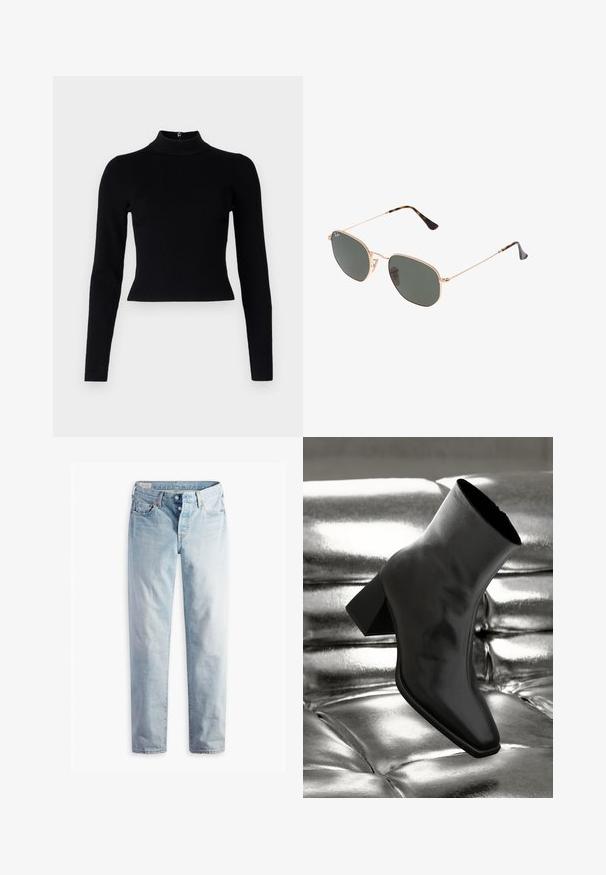 Schwarzes Blazer mit Revers, getragen über einem weißen Sweatshirt mit grafischem Aufdruck in Form roter Kirschen. Abgerundet mit einer schwarzen Baseballkappe.; Schwarzer gerippter Rollkragenpullover mit langen Ärmeln und taillierter Silhouette, der eine glatte Textur und einen Reißverschlussdetail auf der Rückseite aufweist.; Hellblaue Jeans aus Denim mit geradem Bein, zwei Fronttaschen und zwei Gesäßtaschen. Enthält einen Zwei-Knopf-Reißverschluss und dezente Nähte.; Schwarzer Knöchelstiefel aus glänzendem Material mit quadratischer Zehenform und verjüngtem Absatz, vor einem glänzenden silbernen gepolsterten Hintergrund.; Goldfarbene Metallrahmen-Sonnenbrillen mit dunkelgrünen Gläsern im Pilotenstil, mit schlanken Bügeln und Schildpatt-Akzenten an den Spitzen.; Schwarze Lederhandtasche mit abgerundeter Form, breitem Tragegurt und strukturiertem Finish. Besitzt eine subtile Nahtdetails und einen Akzent aus goldfarbenem Metall.