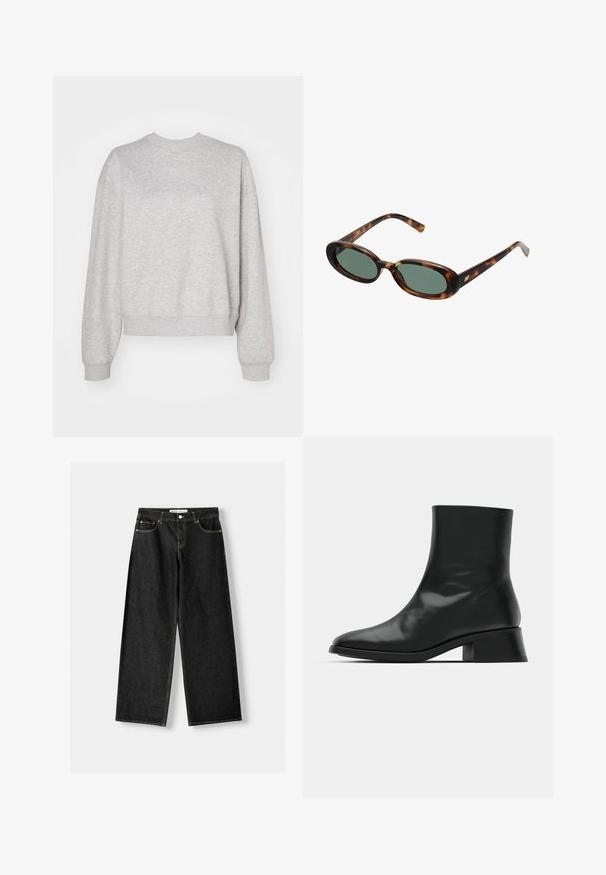 Schwarzes Blazer mit Revers, getragen über einem weißen Sweatshirt mit grafischem Aufdruck in Form roter Kirschen. Abgerundet mit einer schwarzen Baseballkappe.; Hellgrauer Sweatshirt mit klassischem Rundhalsausschnitt, angeschnittenen Schultern und gerippten Bündchen und Saum. Weicher Stoff und lockere Passform.; Schwarze Jeans mit weitem Bein aus Denim, mit fünf Taschen, metallischem Knopf und Reißverschluss und kontrastierenden gelben Nähten entlang der Nähte.; Schwarze Ankle Boots aus glänzendem Leder, mit einem eleganten Design, spitzer Zehenpartie und einem moderaten Blockabsatz für Stabilität.; Schildpatt-Sonnenbrille mit ovalen Rahmen und grünen Gläsern. Verfügt über dünne Bügel mit einem metallischen Akzent in der Nähe der Scharniere.