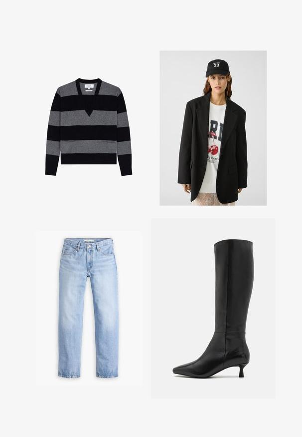 Czarny żakiet z klapami, noszony na białej bluzie z grafiką przedstawiającą czerwone wiśnie. Całość dopełniona czarną czapką z daszkiem.; Scalpers - Sweter; Jasnoniebieskie dżinsy o prostym kroju, z pięcioma kieszeniami i średnim stanem. Charakteryzują się wyblakłą teksturą i przeszytymi brzegami.; Zign - Kozaki