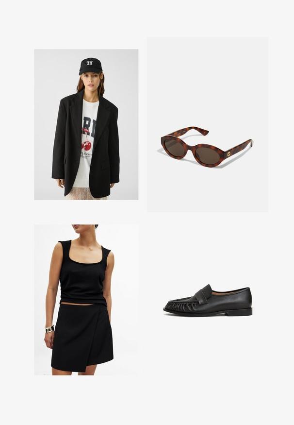 Blazer nero con risvolti, indossato sopra una felpa grafica bianca con ciliegie rosse. Completato con un cappellino da baseball nero.; Camicia bianca a maniche lunghe con colletto classico, pattina centrale con bottoni e tessuto liscio con orlo leggermente accorciato.; Top nero senza maniche con scollo quadrato, abbinato a una gonna nera a portafoglio coordinata, entrambi in tessuto morbido. Bracciale dorato al polso.; Mocassini in pelle nera con punta rotonda, dettagli raccolti sulla parte anteriore e suola piatta. Design minimalista con texture liscia.; Occhiali da sole in tartaruga con montatura arrotondata, lenti scure e dettagli in oro sul tempio. Materiale in plastica liscia, senza schemi visibili.; Donna che indossa un blazer e una gonna neri, mentre tiene una grande borsa a spalla in camoscio marrone scuro su uno sfondo bianco.