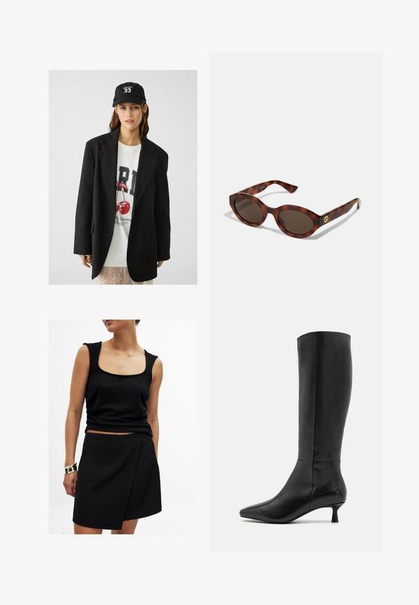 Schwarzes Blazer mit Revers, getragen über einem weißen Sweatshirt mit grafischem Aufdruck in Form roter Kirschen. Abgerundet mit einer schwarzen Baseballkappe.; Weißes Langarmhemd mit klassischem Kragen, mittigem Knopfleiste und glattem Stoff mit leicht verkürztem Saum.; Schwarzes ärmelloses Top mit quadratischem Ausschnitt, kombiniert mit einem passenden schwarzen Wickelrock, beide aus glattem Stoff. Goldarmband am Handgelenk.; Zign Stiefel - black; Schildpatt-Sonnenbrillen mit runden Rahmen, dunklen Gläsern und goldfarbener Logodetailierung an den Schläfen. Glattes Kunststoffmaterial, keine sichtbaren Muster.; Frau trägt ein schwarzes Blazer und einen Rock, hält eine große dunkelbraune Wildleder-Umhängetasche vor einem weißen Hintergrund.
